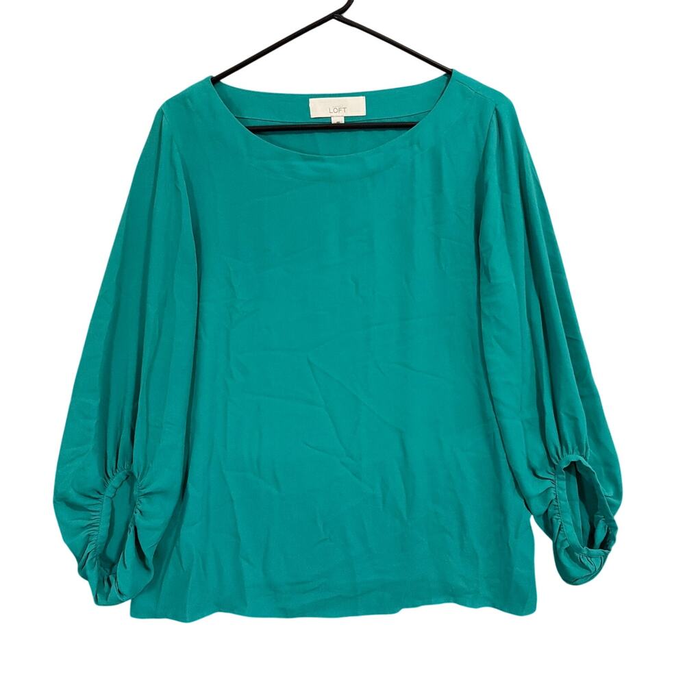 Ann Taylor LOFT Womens Blouse Green Bell Sleeve Peasant Round Neck Sheer Medium